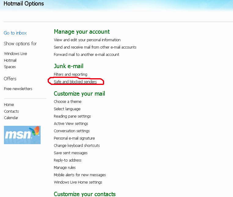 hotmail add safe senders