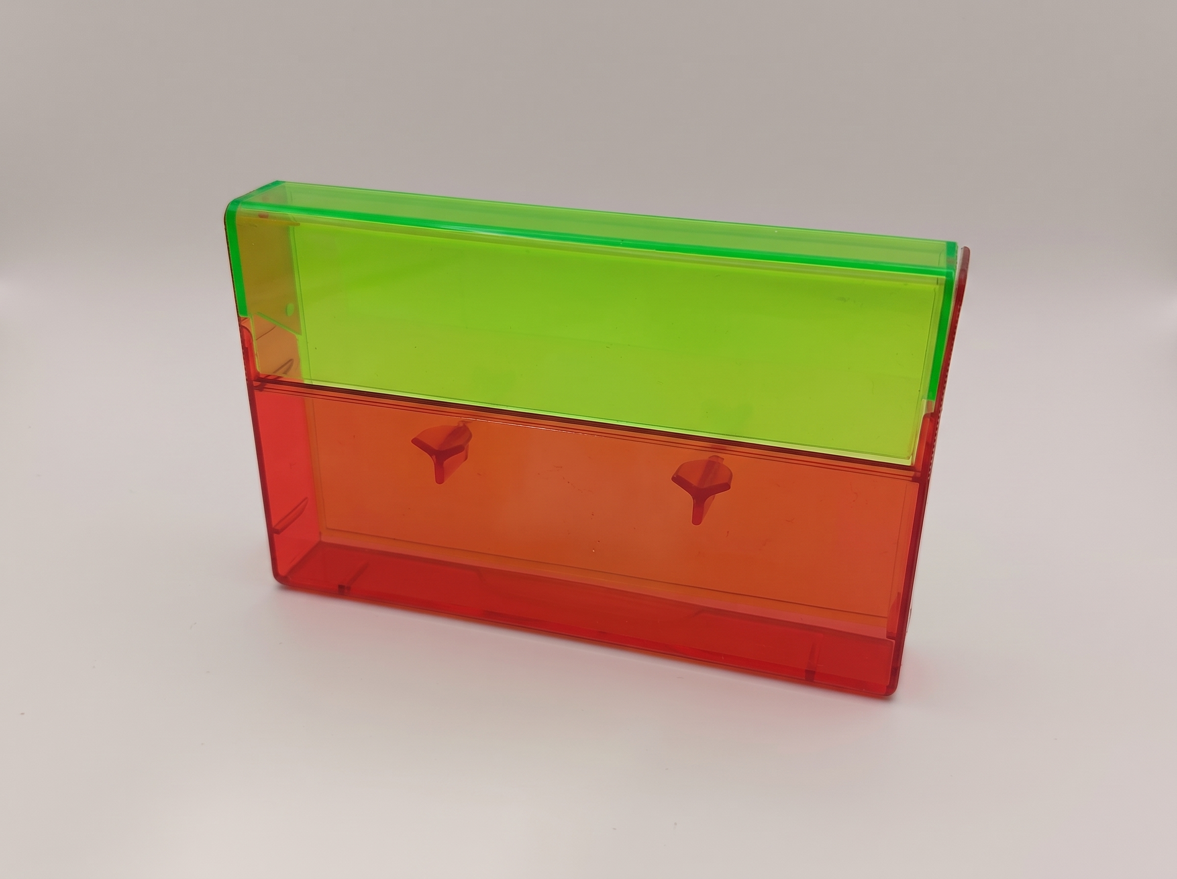 Fluorescent Green fromt / Trans Red Back Norelco Case for Audio Cassettes, Round Corners