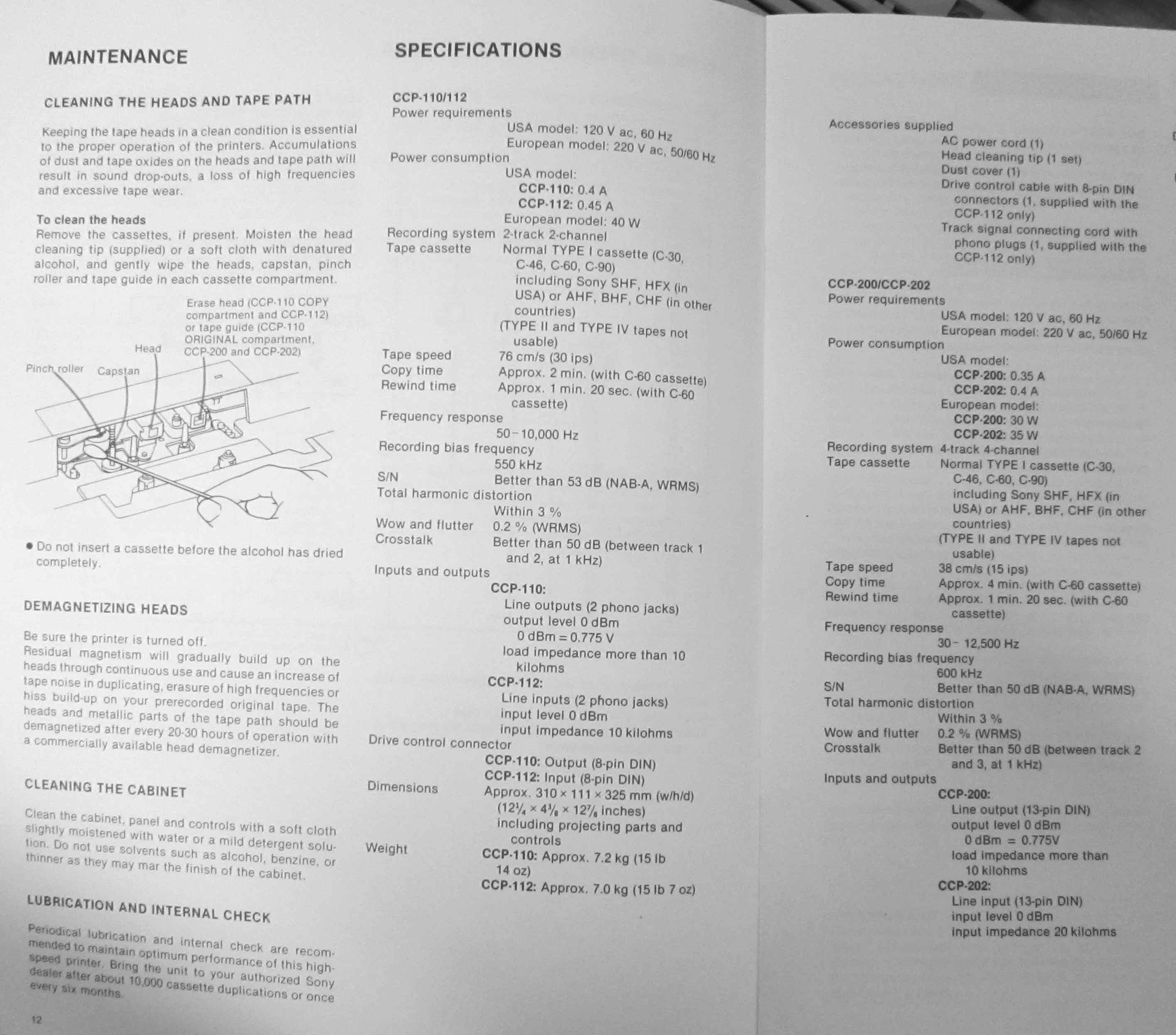 Sony CCP110 cassette duplicator spec page