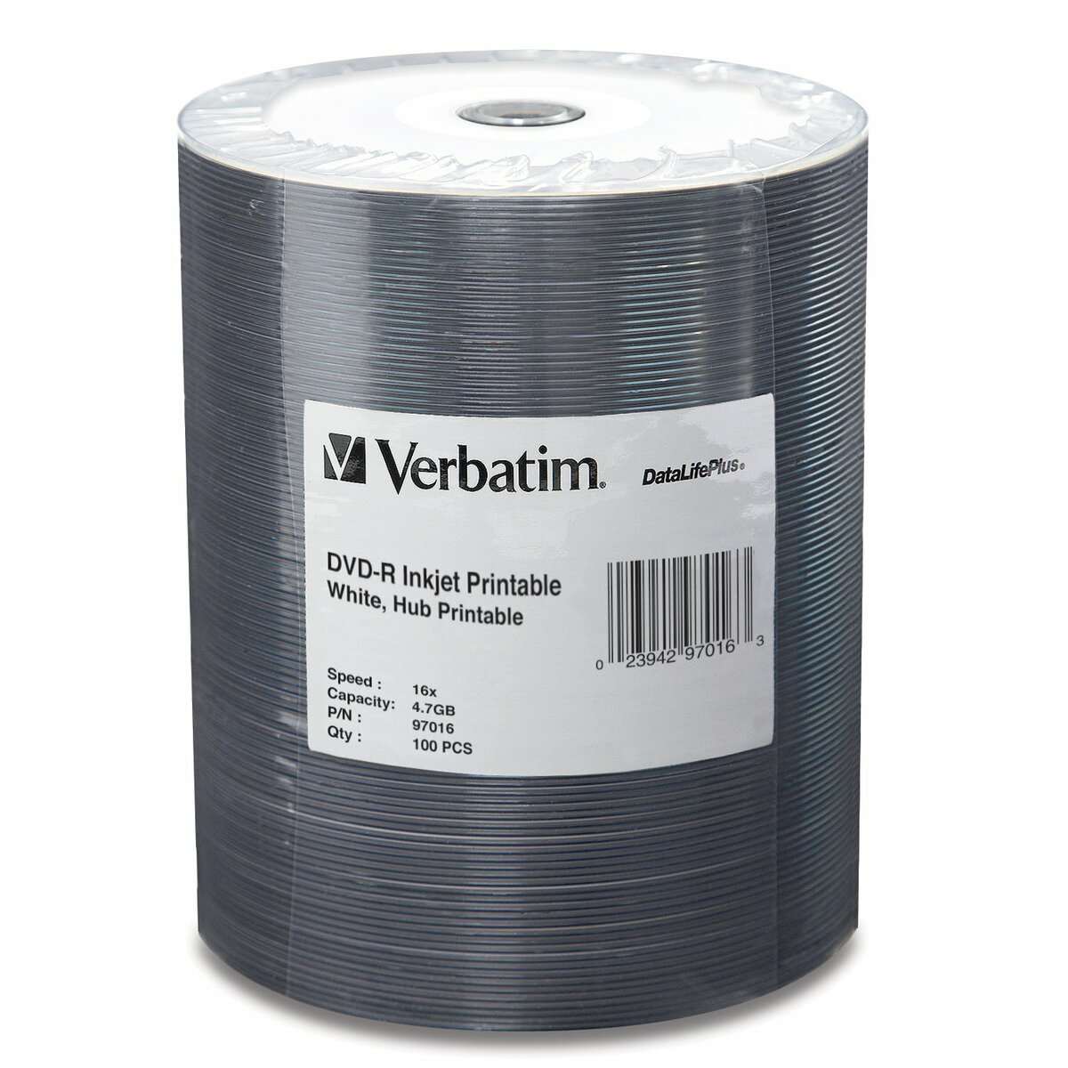 Verbatim 97016 DVD-R 4.7GB 16x DataLifePlus White Inkjet Printable, Hub Printable 100PK