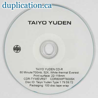 Taiyo Yuden CD-R, 52X, White Thermal (EVEREST), 100-Disc Tape Wrap