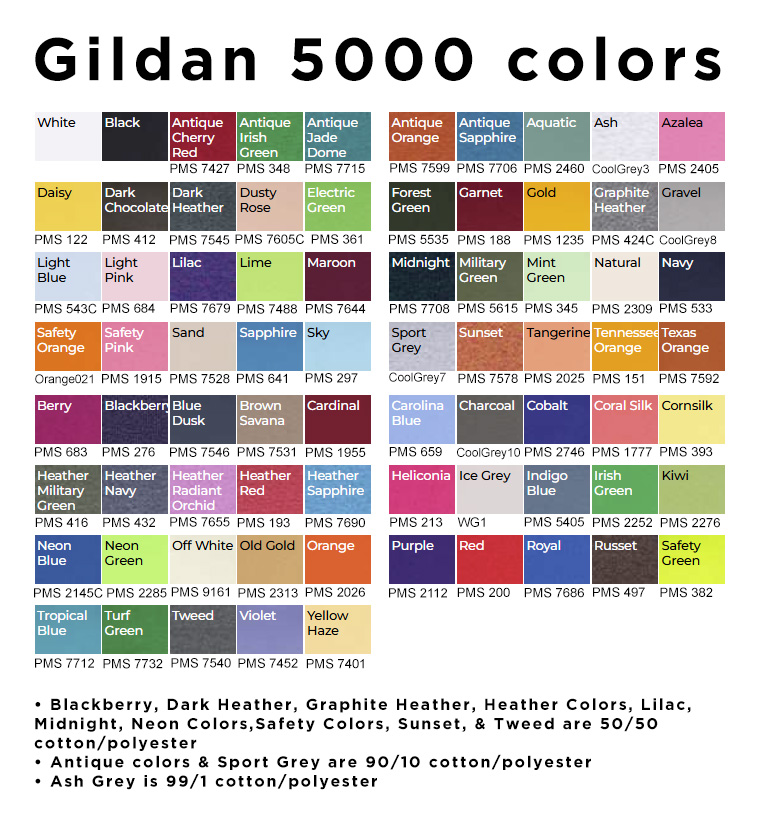 Gildan 5000 shirt colors